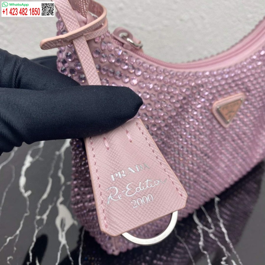 Réplica Prada 1ne515 Mini-bolsa De Cetim Com Cristais Artificiais Rosa