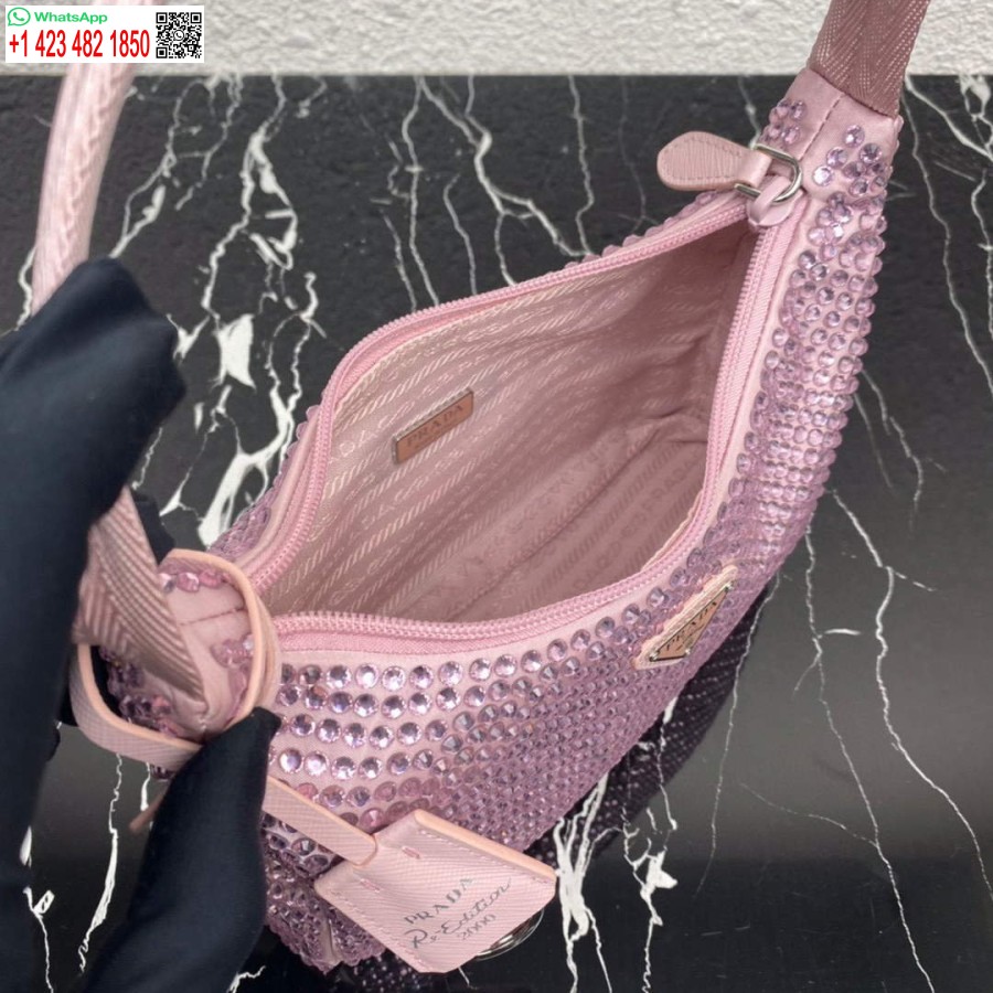Réplica Prada 1ne515 Mini-bolsa De Cetim Com Cristais Artificiais Rosa