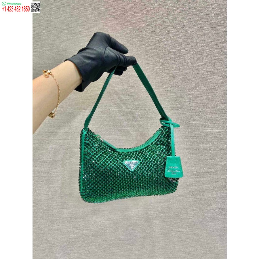 Replica Prada 1NE515 Satin mini-bag with artificial crystals Jade green