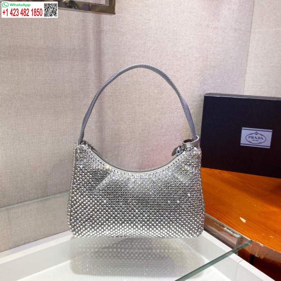 Replica Prada 1NE515 Satin mini-bag with artificial crystals gray