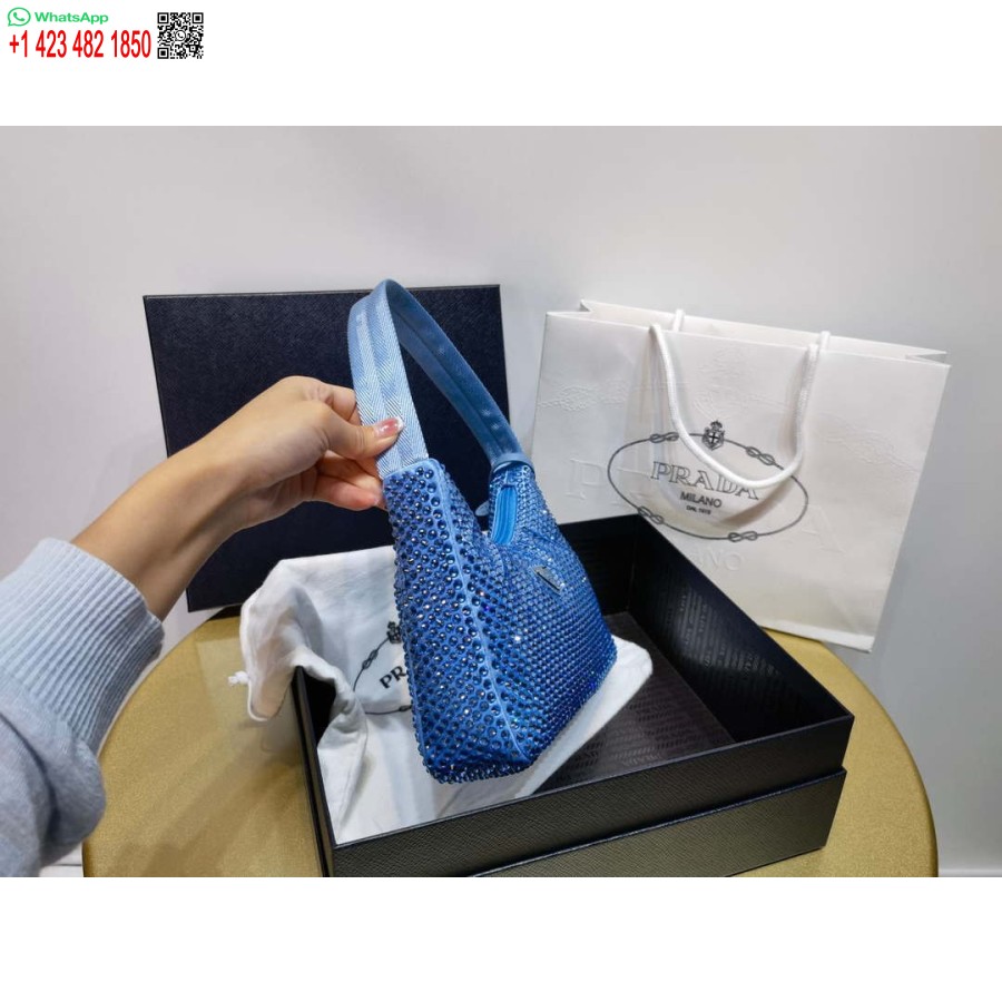 Réplica Prada 1ne515 Mini-bolsa De Cetim Com Cristais Artificiais Azul