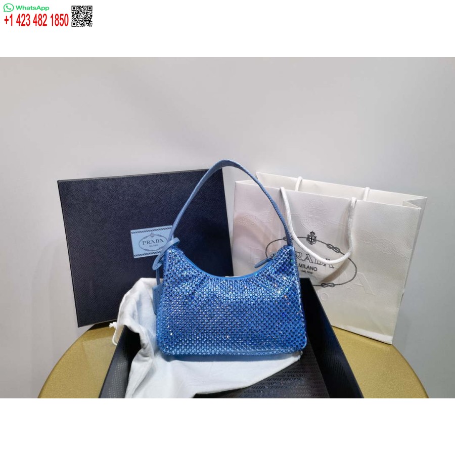 Réplica Prada 1ne515 Mini-bolsa De Cetim Com Cristais Artificiais Azul