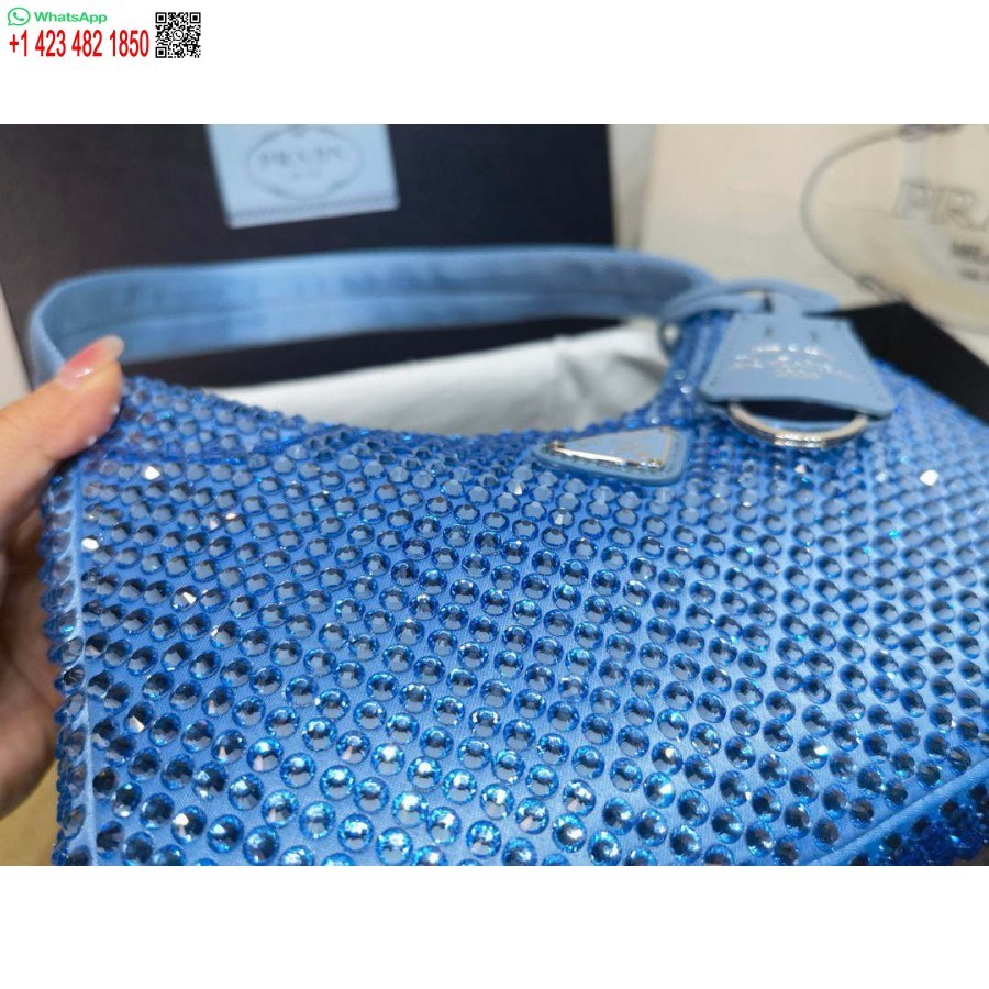 Réplica Prada 1ne515 Mini-bolsa De Cetim Com Cristais Artificiais Azul