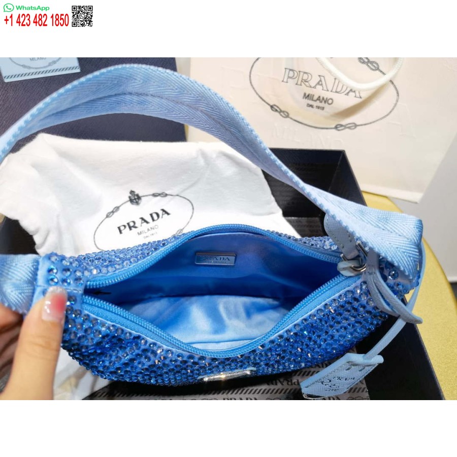 Réplica Prada 1ne515 Mini-bolsa De Cetim Com Cristais Artificiais Azul