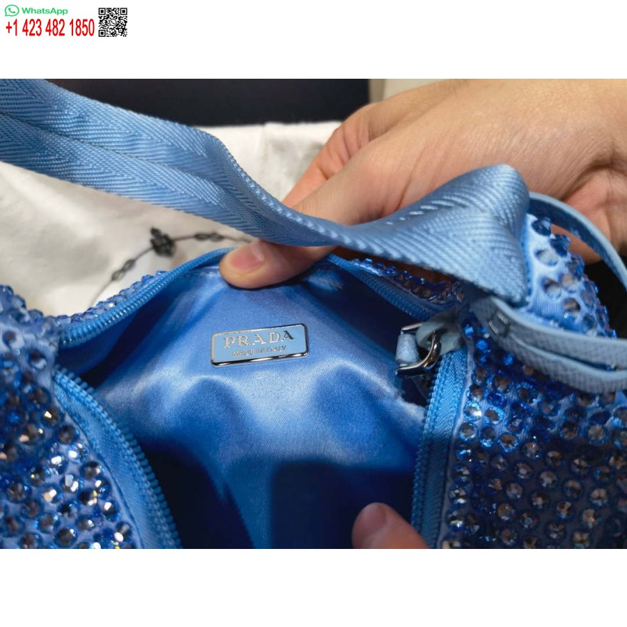 Réplica Prada 1ne515 Mini-bolsa De Cetim Com Cristais Artificiais Azul