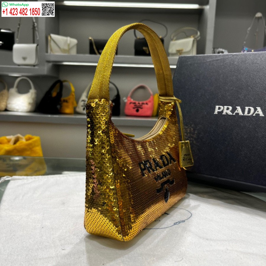 Replica Prada 1ne515 Riedizione 2000 Mini-borsa In Re-nylon Con Paillettes Oro