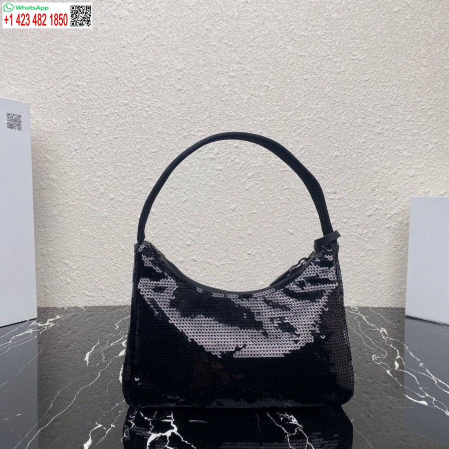 Replica Prada 1ne515 Riedizione 2000 Mini-borsa In Re-nylon Con Paillettes Nera