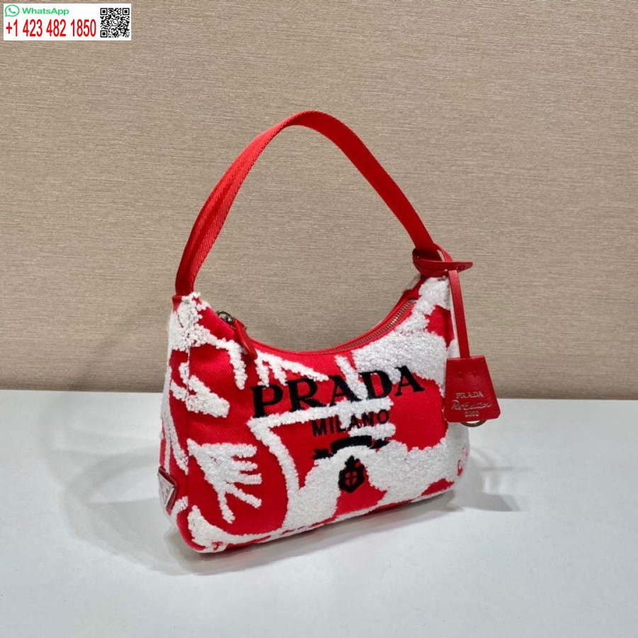 Replica Prada 1ne515 Riedizione 2000 Mini Borsa Drill Ricamata Rossa Bianca