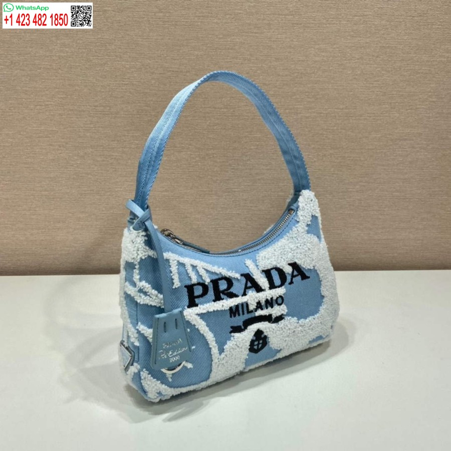 Replica Prada 1ne515 Riedizione 2000 Mini Borsa Drill Ricamata Blu Bianco