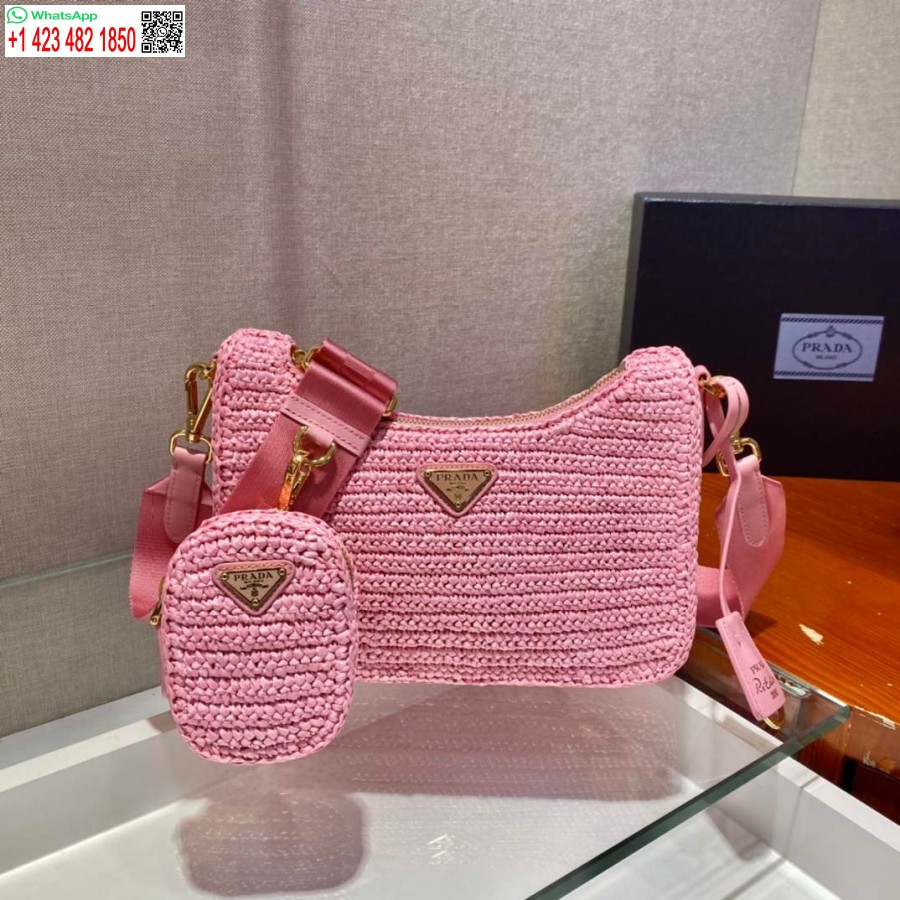 Replica Prada 1BH204 Prada Re-Edition 2005 Raffia Bag in Pink