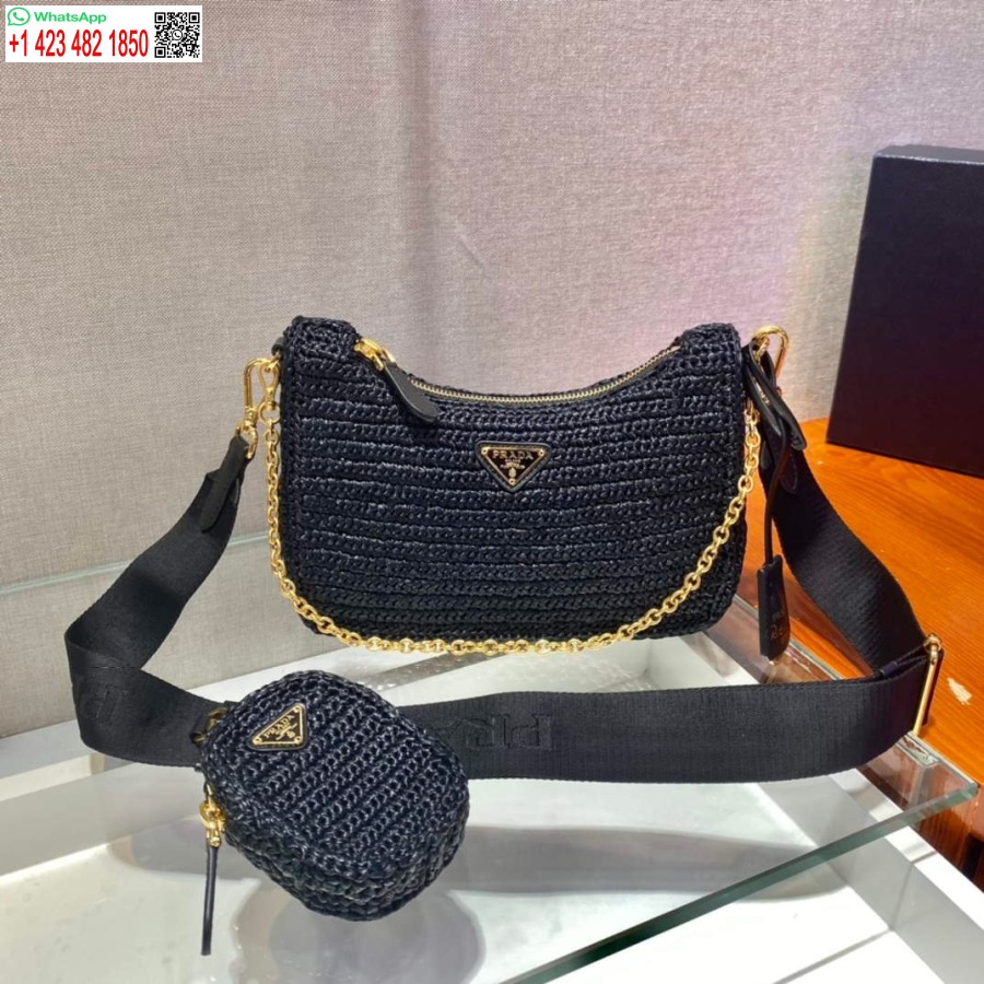 ρεπλίκα Prada 1bh204 Prada Re-edition 2005 τσάντα Raffia σε μαύρο χρώμα