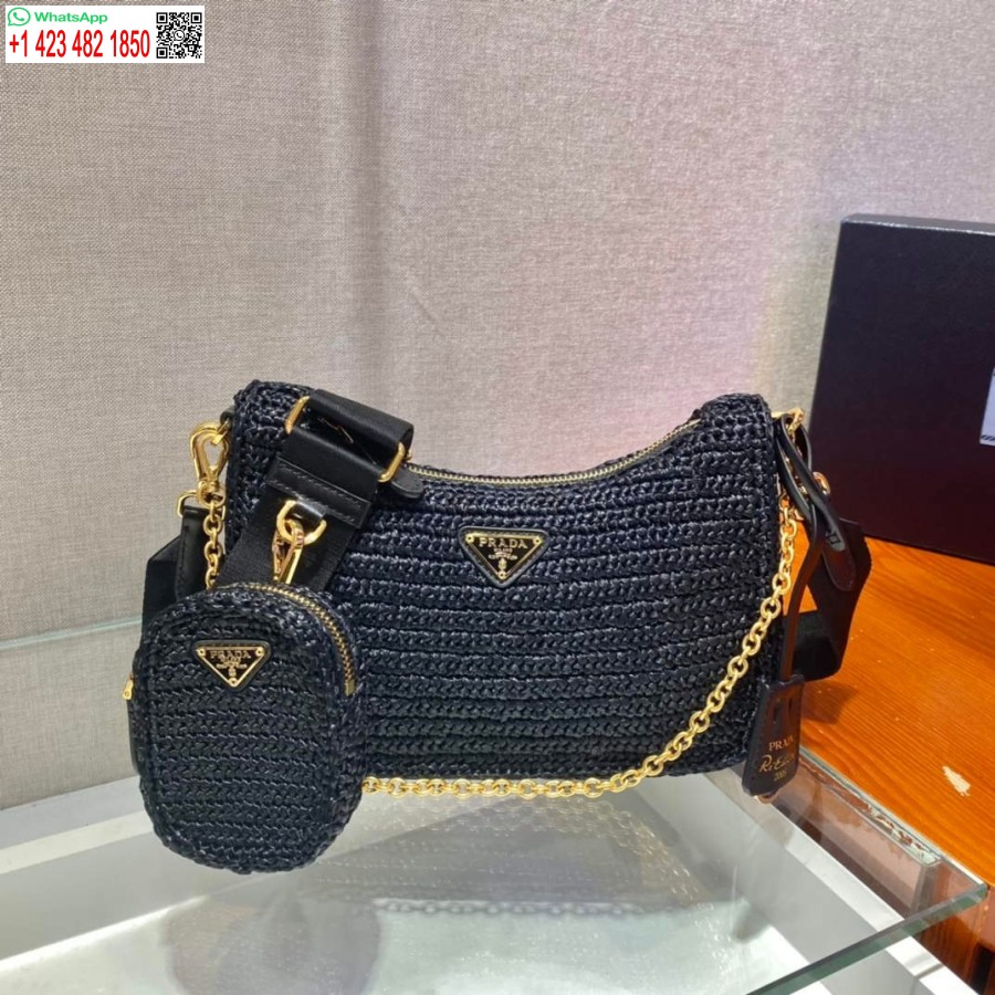 Replica Prada 1BH204 Prada Re-Edition 2005 Raffia Bag in Black