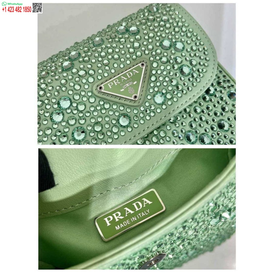 Replica Prada 1bh185 Mini Cleo Satiinipussi Vihreillä Kristalleilla