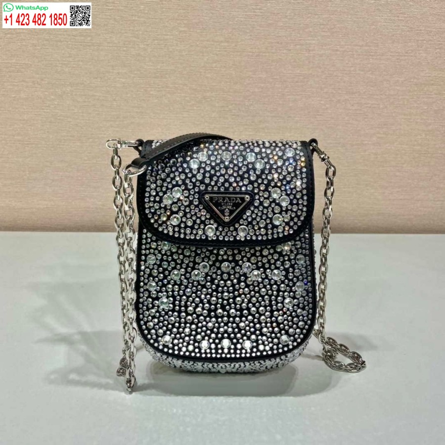 Replica Prada 1bh185 Mini Cleo Satiinilaukku, Jossa On Mustia Kristalleja