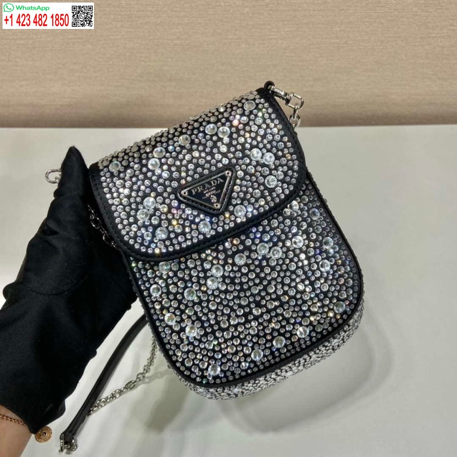 Replica Prada 1bh185 Mini Cleo Satiinilaukku, Jossa On Mustia Kristalleja