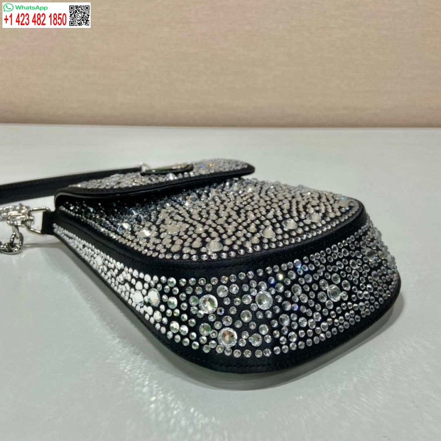 Replica Prada 1bh185 Mini Cleo Satiinilaukku, Jossa On Mustia Kristalleja