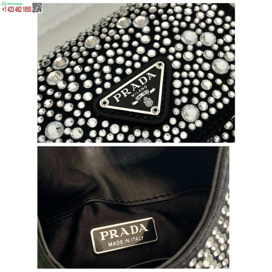 Replica Prada 1bh185 Mini Cleo Satiinilaukku, Jossa On Mustia Kristalleja