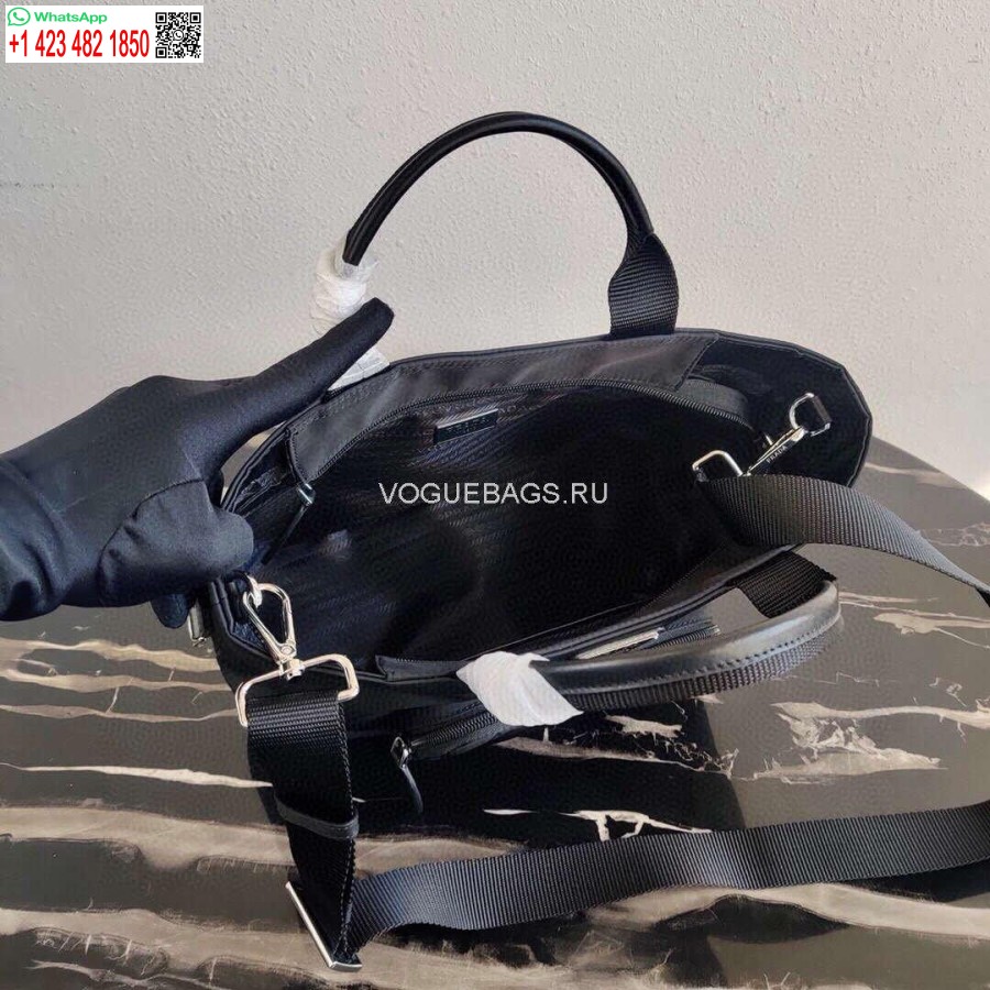Replik Prada 1BG354 Tote Schultertasche Nylon Kalbsleder Schwarz