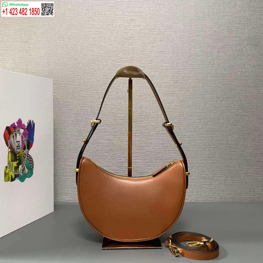 Replica Prada 1BC194 Prada Arqué Leather Shoulder Bag Cognac