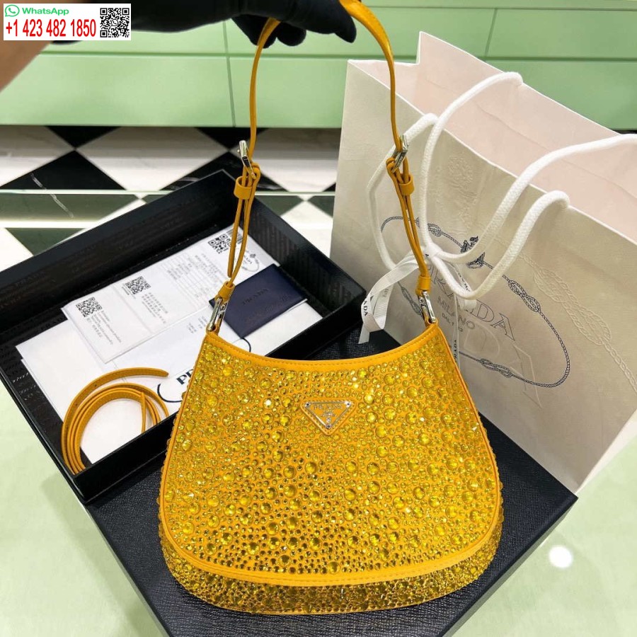Replica Prada 1BC169 Prada Cleo satin bag with appliqués Gold Yellow