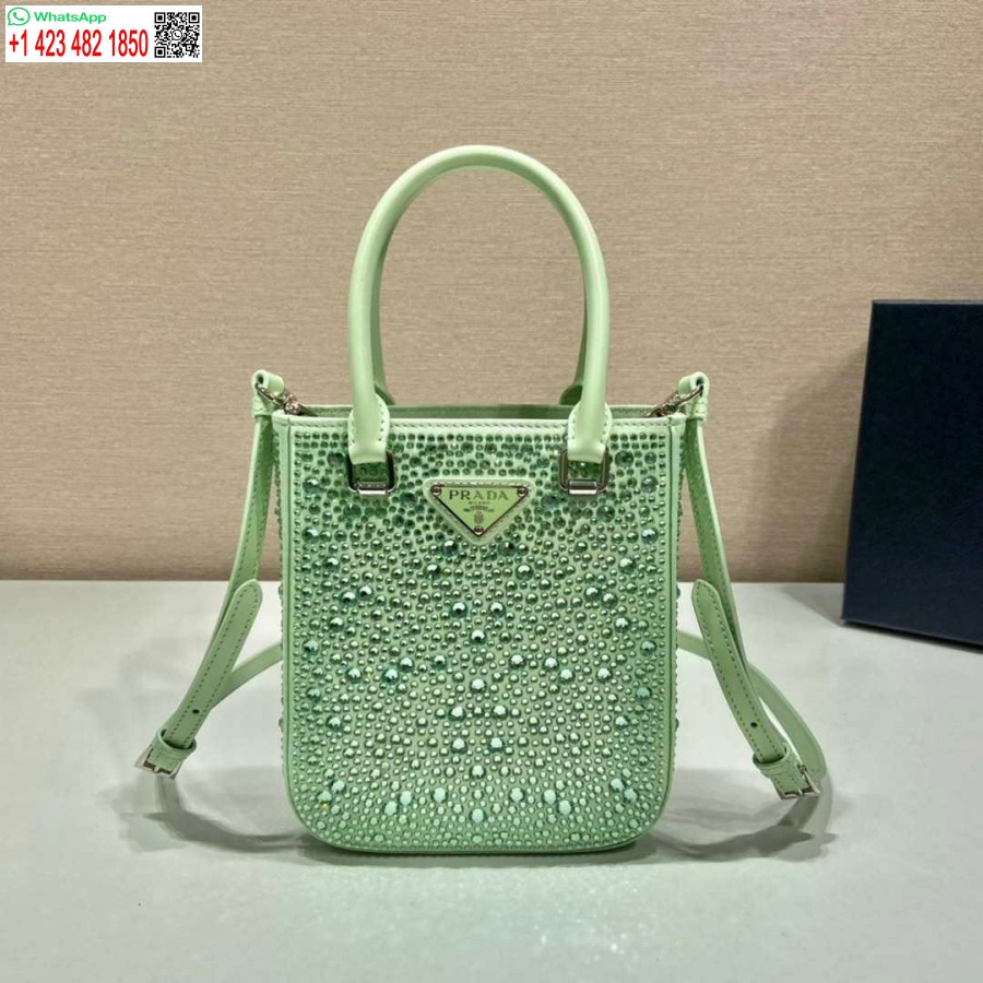 Replica Prada 1BA331 Small satin tote bag with crystals Green
