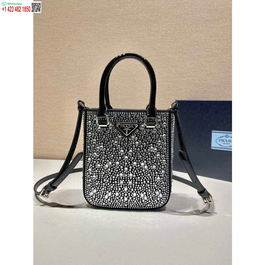 Replica Prada 1ba331 Piccola Borsa Tote In Raso Con Cristalli Neri