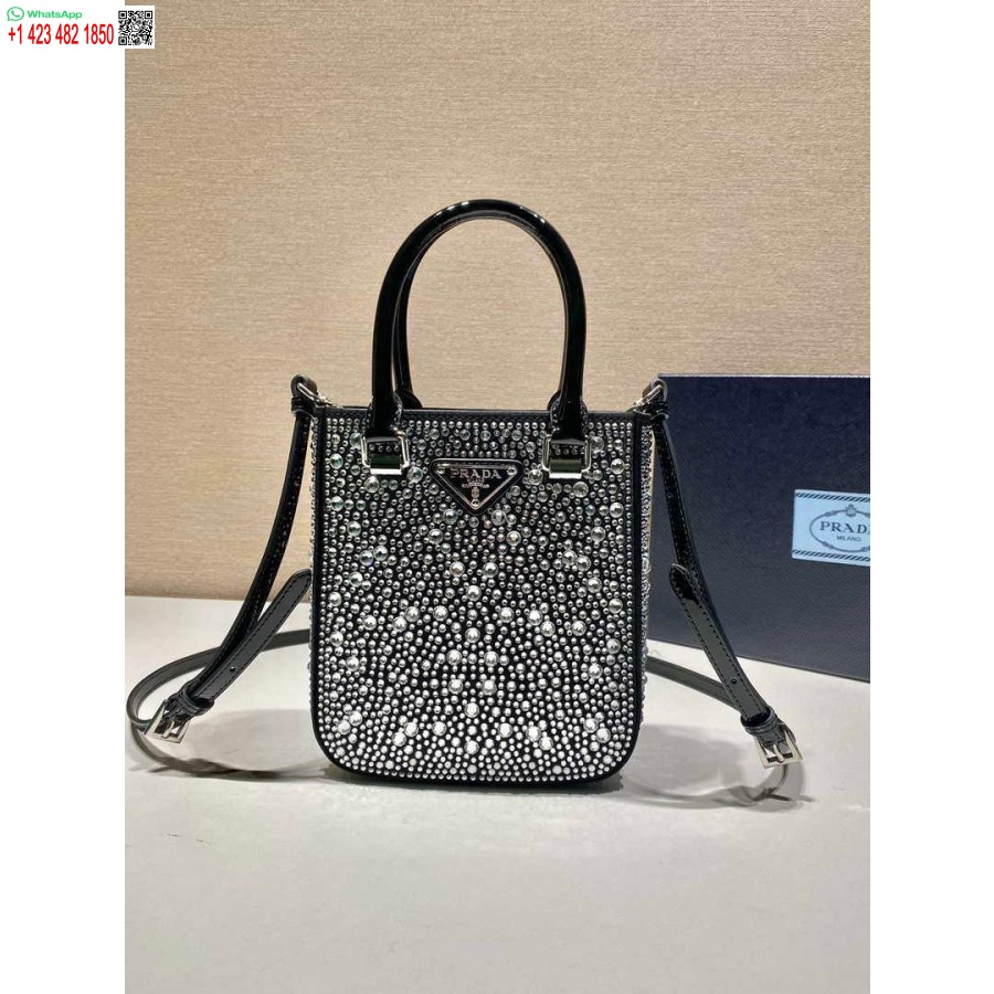 Replica Prada 1BA331 Small satin tote bag with crystals Black