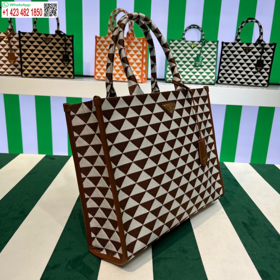 Replica Prada 1ba356 Stor Prada Symbole Jacquard Stof Håndtaske Tan Hvid