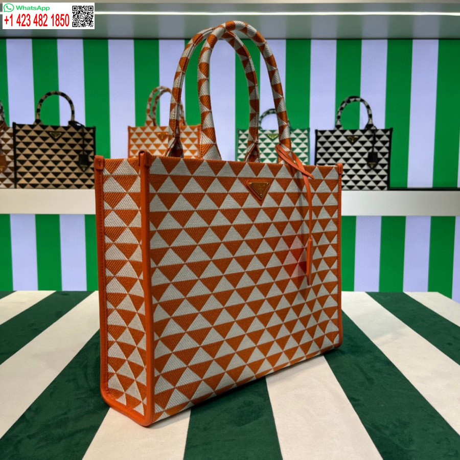 Replica Prada 1ba356 Stor Prada Symbole Jacquard Stof Håndtaske Orange Hvid