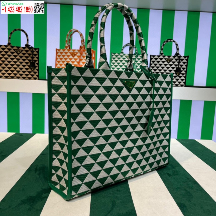 Replica Prada 1ba356 Stor Prada Symbole Jacquard Stof Håndtaske Grøn Hvid