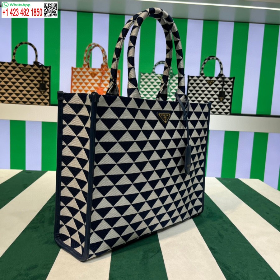 Replica Prada 1ba356 Stor Prada Symbole Jacquard Stof Håndtaske Blå Hvid