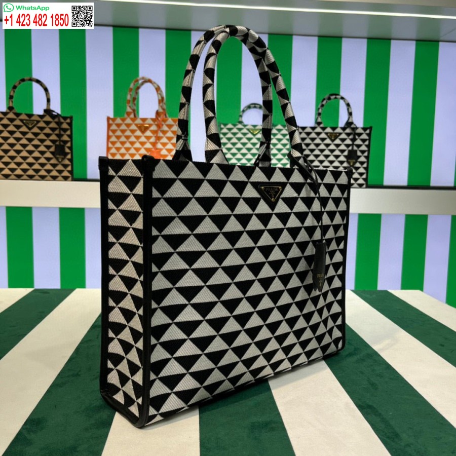Replica Prada 1ba356 Stor Prada Symbole Jacquard Stof Håndtaske Sort Hvid