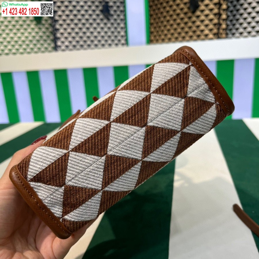 Replica Prada 1BA355 Symbole Jacquard Fabric Micro Bag Tan White