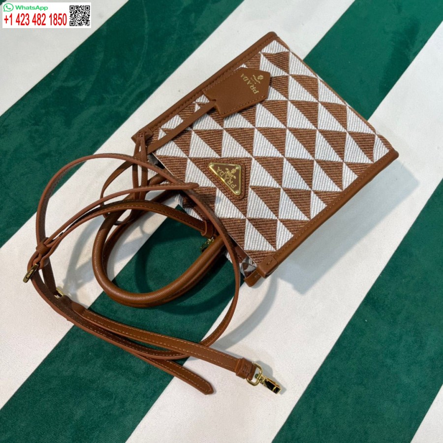 Replica Prada 1BA355 Symbole Jacquard Fabric Micro Bag Tan White