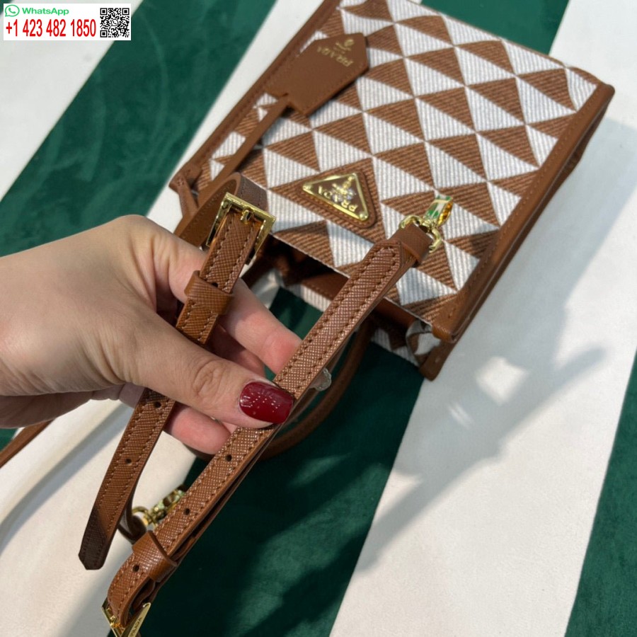 Replica Prada 1BA355 Symbole Jacquard Fabric Micro Bag Tan White