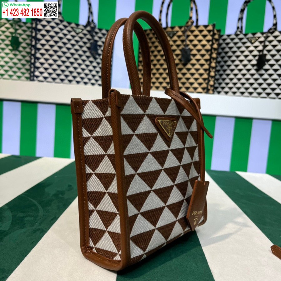 Replika Prada 1BA355 Symbole Jacquard-Stoff-Mikrotasche, Hellbraun, Weiß