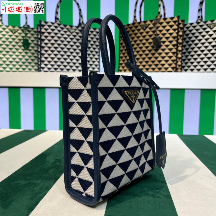 Replik Prada 1BA355 Symbole Jacquard-Stoff-Mikrotasche Blau Weiß