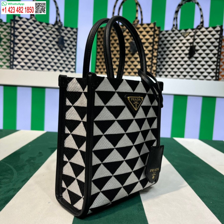 Replik Prada 1BA355 Symbole Jacquard-Stoff-Mikrotasche Schwarz Weiß