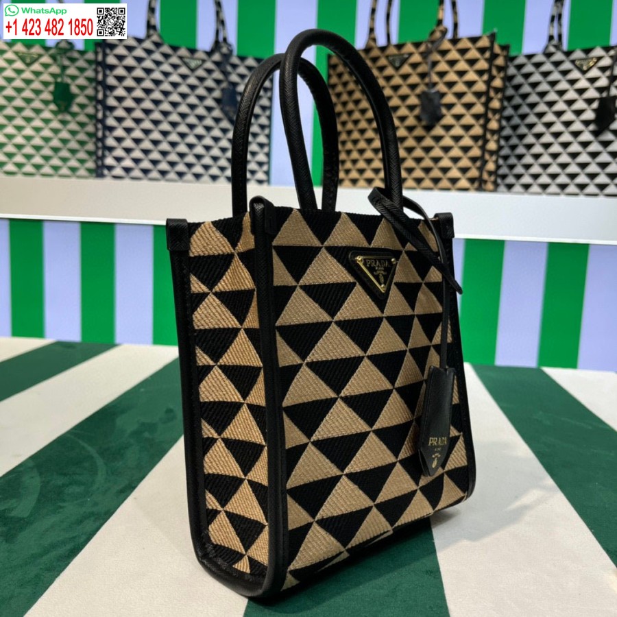 Replik Prada 1BA355 Symbole Jacquard-Stoff-Mikrotasche, Schwarze Aprikose