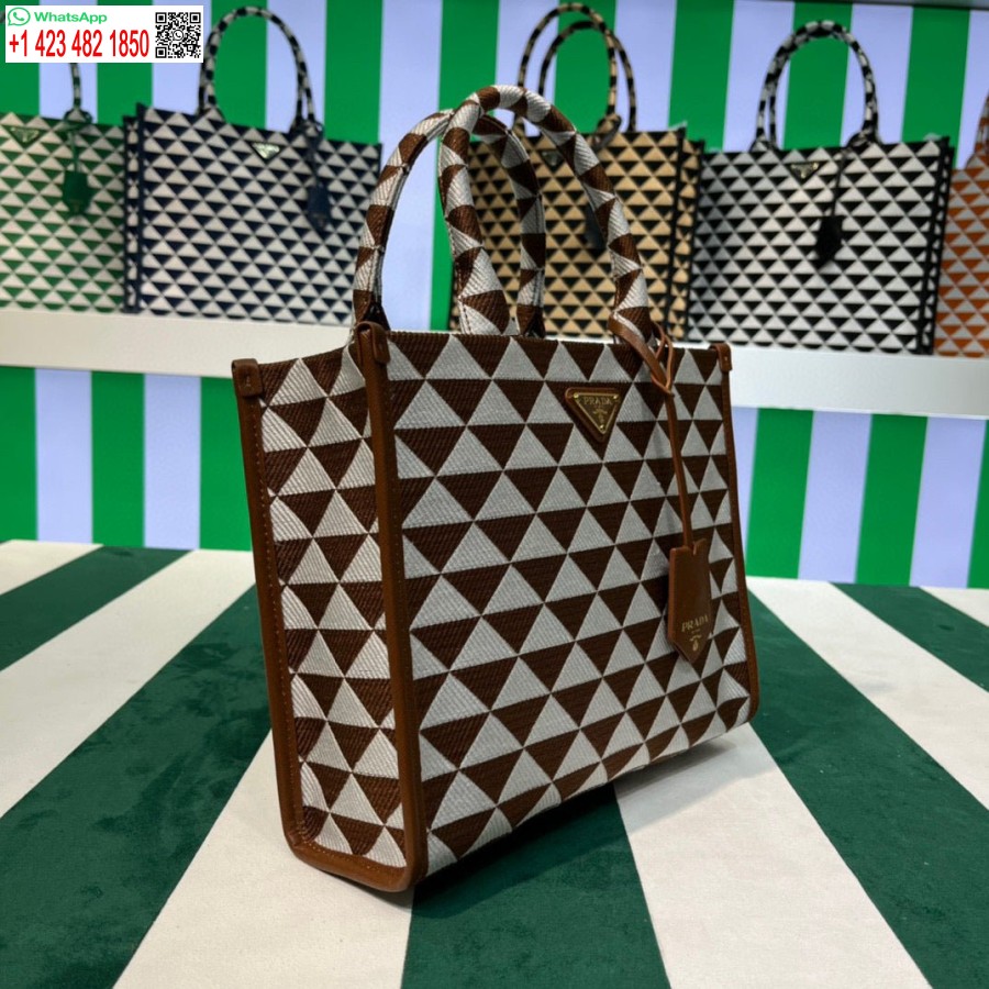Replik Prada 1BA354 Kleine Prada Symbole Jacquard-Stoffhandtasche Hellbraun Weiß