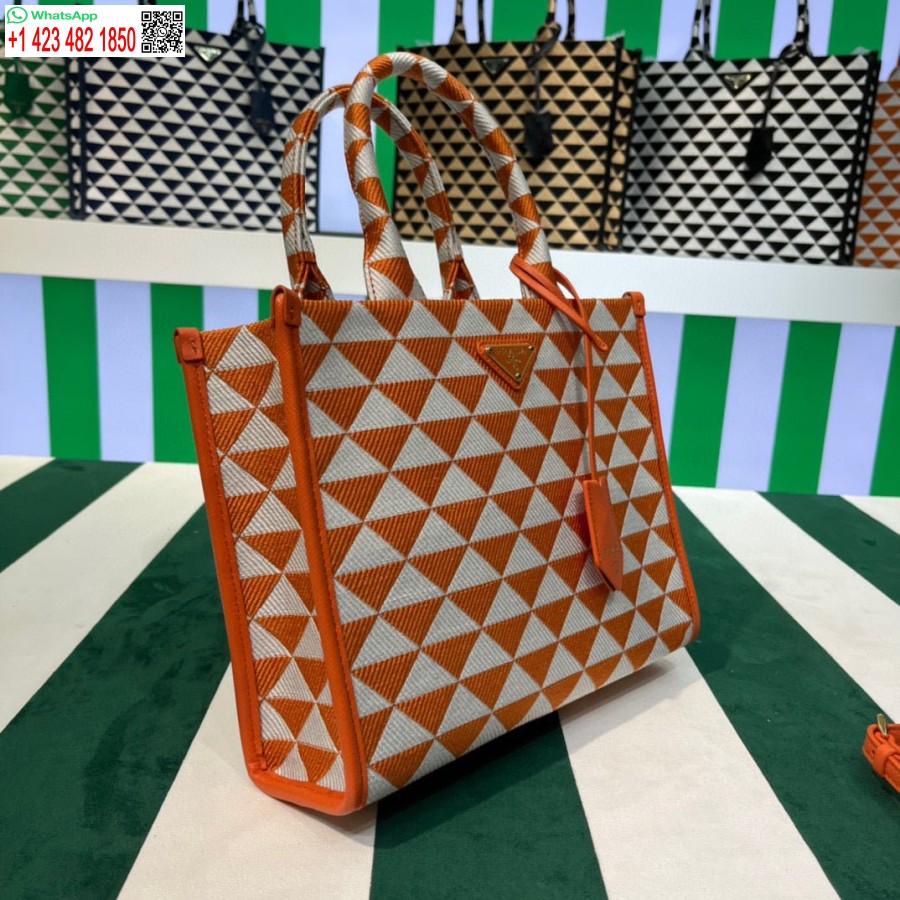 Replik Prada 1BA354 Kleine Prada Symbole Jacquard-Stoffhandtasche Orange Weiß