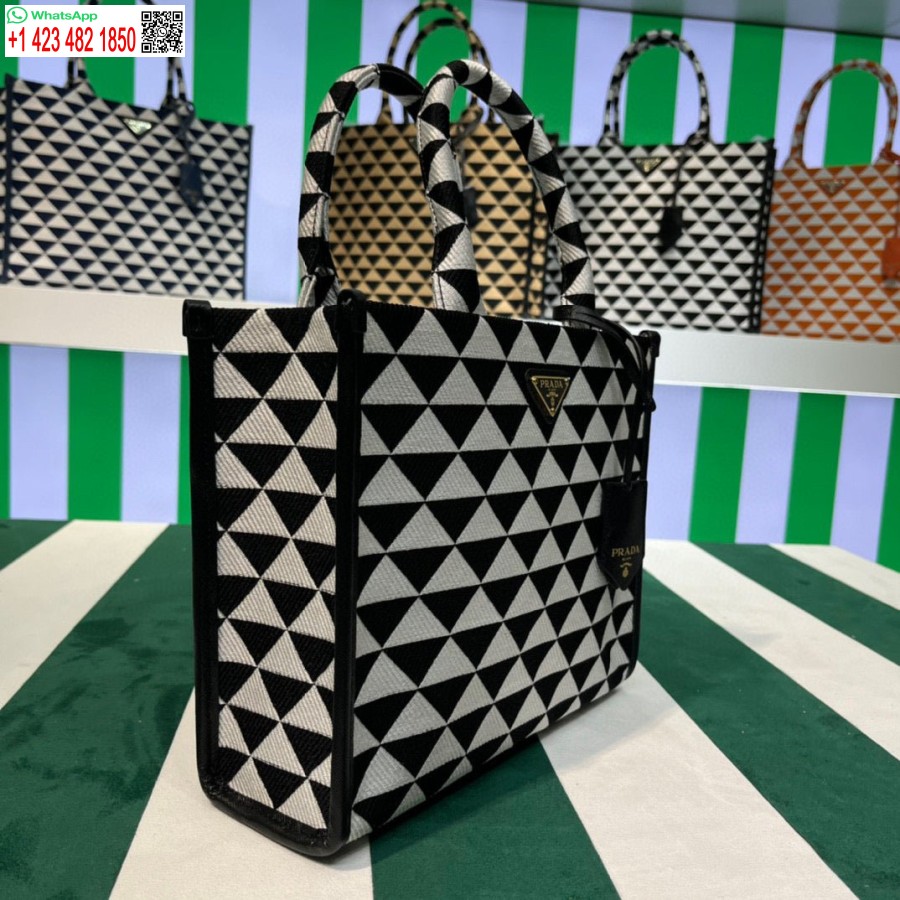 Replik Prada 1BA354 Kleine Prada Symbole Jacquard-Stoffhandtasche Schwarz Weiß