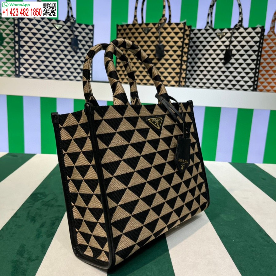 Replik Prada 1BA354 Kleine Prada Symbole Jacquard-Stoffhandtasche Aprikosenschwarz
